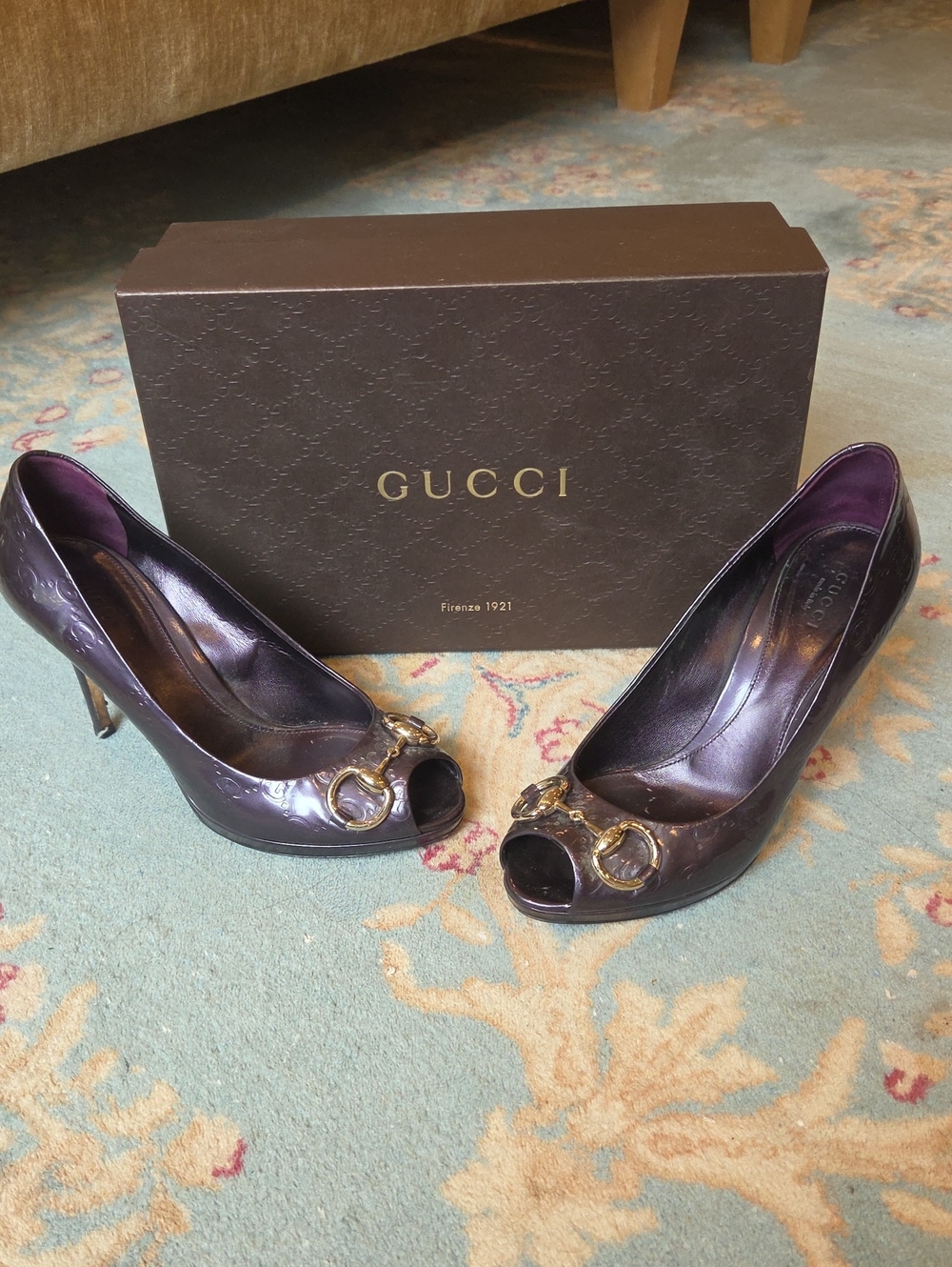 Gucci Purple Patent Leather Guccissima Horsebit Open Peep Toe Pump Heels Sz 37